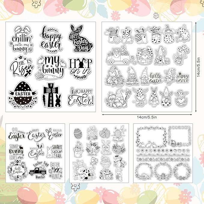 Whaline 5 Sheet Easter Clear Stamps Bunny Rabbit Egg Gnome Words Silicone Transparent Stamps Border Rubber Stamp Cards for DIY Crafts Card Making Scrapbooking Album Supplies
