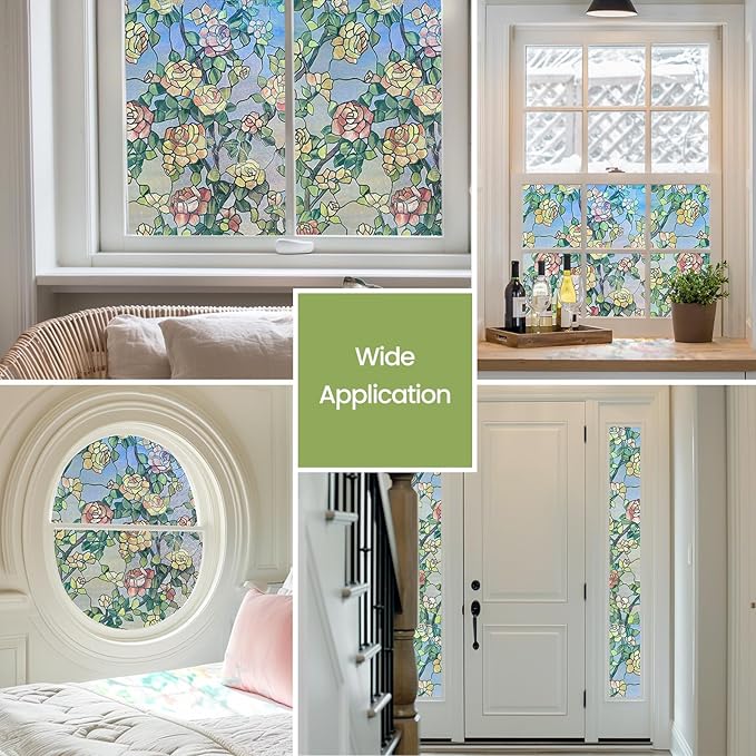 Stained Glass Window Film, 3D Decorative Window Privacy Film for Bathroom,Front Door,Home, Sun Blocking Heat Control,Static Cling, The Beast's Rose 17.3inch x 47.2inch