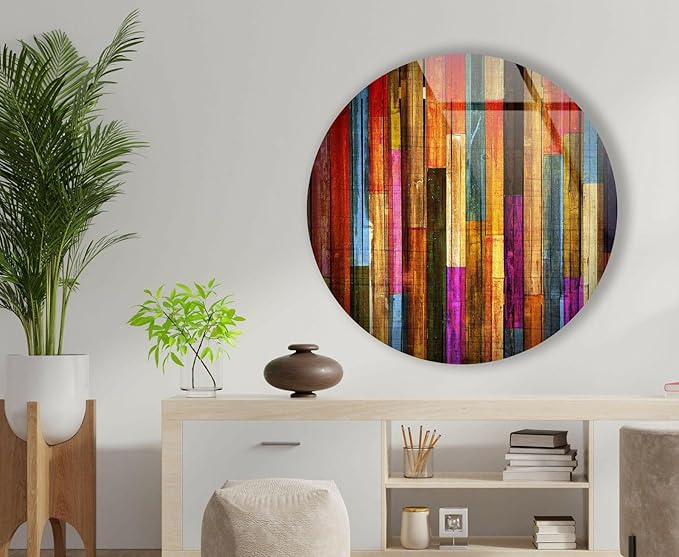 My Photostation.com 31.5''(80cm) Diameter Colorful Wood Pattern Round Glass Wall Art Tempered Glass Printing Wall Decor Large Wall Art Wall Hangings