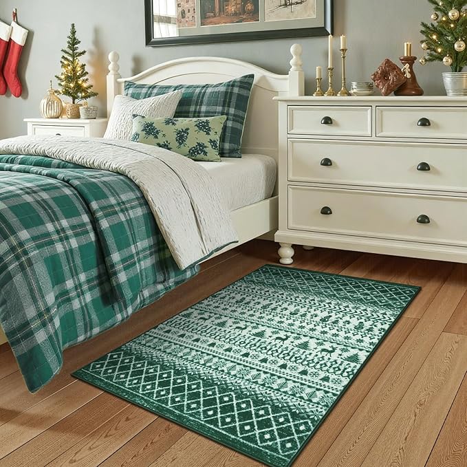 2025 Christmas Rugs for Entryway, 2x3 Washable Door Mat Indoor Entrance, Low Pile Soft Non Slip Green Kitchen Rug, Xmas Holiday Decor Floor Carpet for Bedroom Bathroom Laundry Bedside Sink