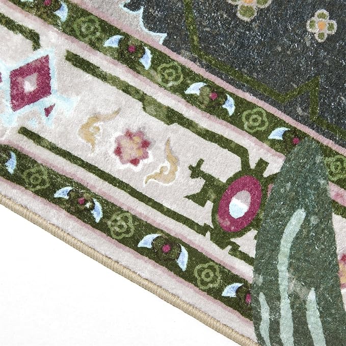 Oriental Tropical Washable Rugs, Greyish Green Boho Vintage Distressed Hippie 4x6 Area Rugs for Living Room Bedroom Kitchen Entryway Dorm, Abstract Botanical Animal Tribal Accent Carpet