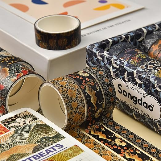 12 Rolls Kyoto Charm Washi Tape Set Japanese Arts Adhesive Tapes Geometric Garden Decorative Masking Tape Sets for Craft, Kids, Scrapbook, DIY, Gift Wrapping (Black Elegance)