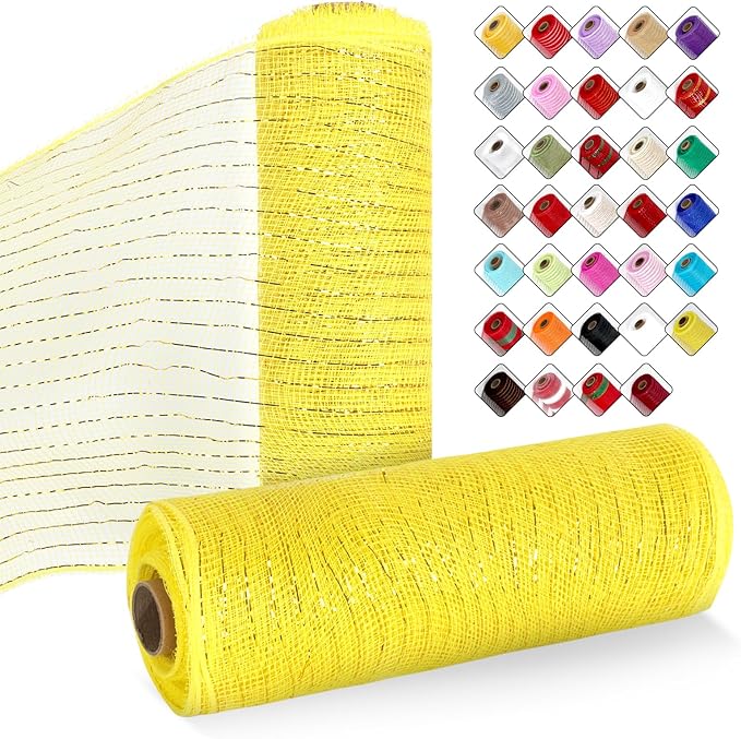 2 Rolls Mesh Ribbon for Wreaths 10 Inch x 30 Foot Wreath Mesh Rolls with Metallic Foil for Easter Christmas Party Wedding Home Decor DIY Craft Projects and Gift Wrapping(Yellow)