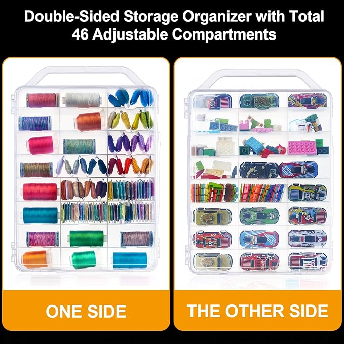 DUOFIRE 46 Grids Sewing Box, Double Sided Thread Organizer, Portable Clear Embroidery Floss Organizer, Plastic Organizer Box for Embroidery and Sewing Threads, Embroidery Floss, Crafts, Small Toys
