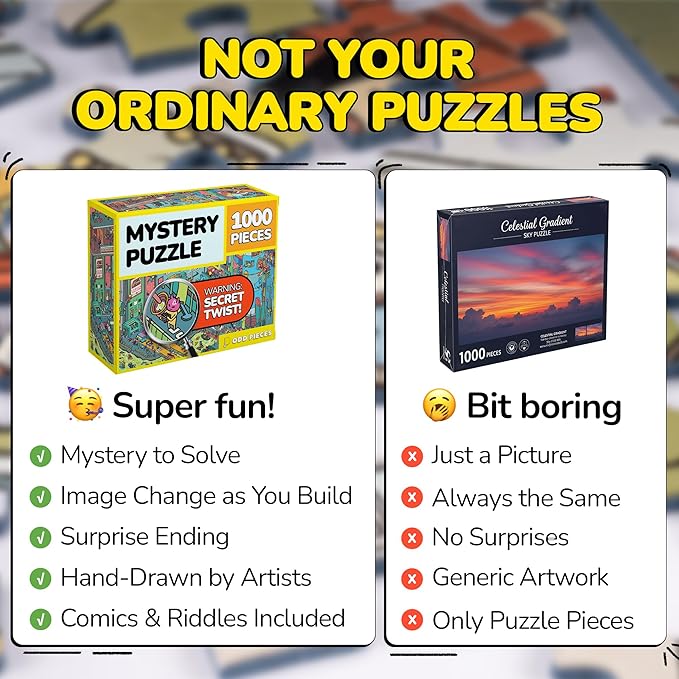 Odd Pieces Jigsaw Puzzles 1000 Pieces - Magic Mystery Story Secret Ending Puzzle - Perfect Game Night for Adults & Kids - Funny Space Cartoon Theme (AstroGastro)