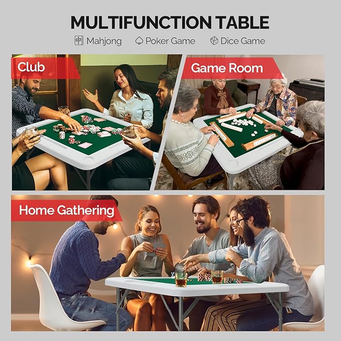 PEXMOR 39.5" Foldable Mahjong Table, Square 4 Player Card Game Table w/Cup Holders & Chip Grooves, Portable Folding Poker Domino Board Game Table for Blackjack, Texas Hold'em, Jigsaw Puzzles Game