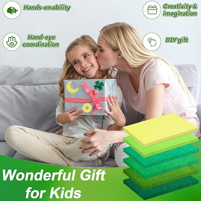 gisgfim 42Pcs Green Felt Fabric Sheets Craft 8 x 12 Inch Assorted Soft Green Gradient Felt Pack with Wiggle Google Eye Pompom Glitter Patchwork Craft for St. Patrick's Day DIY Sewing Project Decor