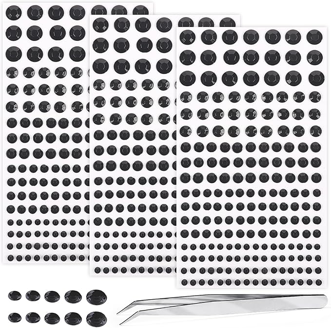 Self Adhesive Face Gems and Pearls for Makeup, Festival Jewels, Hair Gems Pearls, 3/4/5/6/8 mm Round Rhinestone Stickers for Face, Eye, Makeup, Body, Crafts 591Pcs (13_Black)