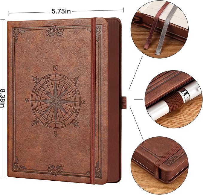 AHGXG Thick Journal Lined Notebook for Men - 320 Numbered Pages A5 College Ruled Notebook for Writing, 100gsm Paper, Vintage Leather Hardcover, for Women Work Office School, 5.75'' X 8.38''- Brown