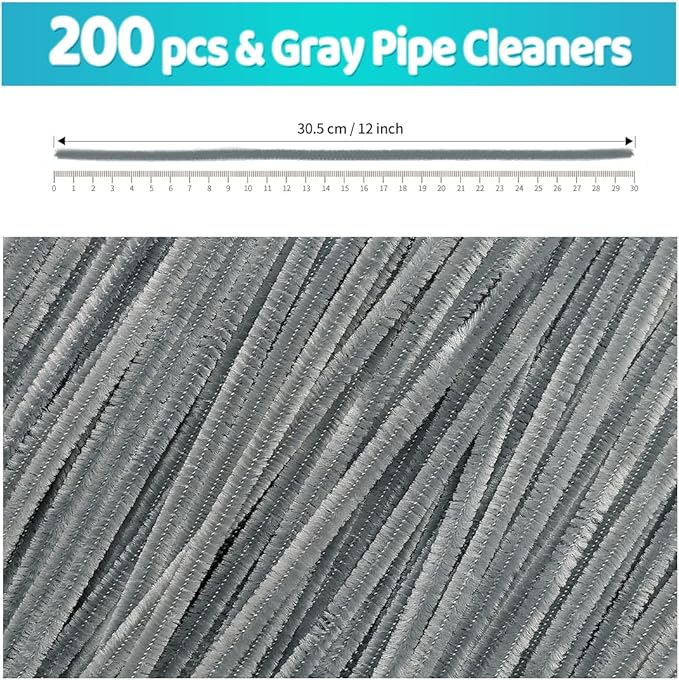 Iooleem 200pcs Gray Pipe Cleaners, Chenille Stems, Pipe Cleaners for Crafts, Pipe Cleaner Crafts, Art and Craft Supplies.