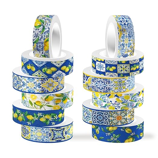 Lemon Washi Tape 12 Rolls, Blue Tiles Yellow Lemon Printed Decorative Washi Tape Set, DIY Art Crafts Wrapping Decor for Gifts Wrapping,Wedding Bridal Shower