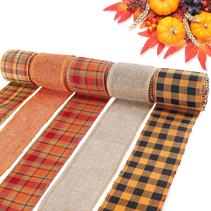 5 Colors Wreaths Burlap Ribbon - Total 27.3yards Thanksgiving Day Autumn Wired Edge Ribbon for Gift Wrapping Bows Rustic Crafts Supplies Weddings Holiday Fall Decorations - 2.4in Wide