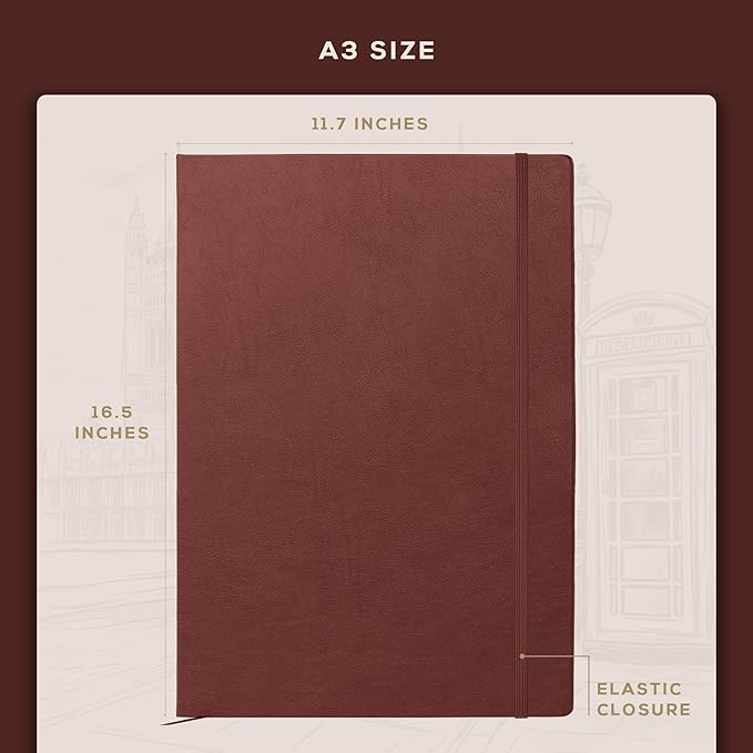 Beechmore Books A3 Sketchbook – 11.7x16.5 Premium Vegan Leather Bound Large Sketch Book Hardcover with 160 Thick 160gsm Perforated Ivory Pages, Blank Sketch Pad Gift Boxed Back Pocket Ribbon Bookmark