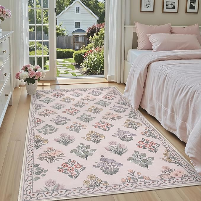 Wonnitar Boho Floral 3x5 Washable Rug, Ultra-Thin Pink Small Rugs for Bedroom, Soft Non Slip Moroccan Throw Carpet for Nursery Girls Bedside Dorm Room Decor, Pale Pink