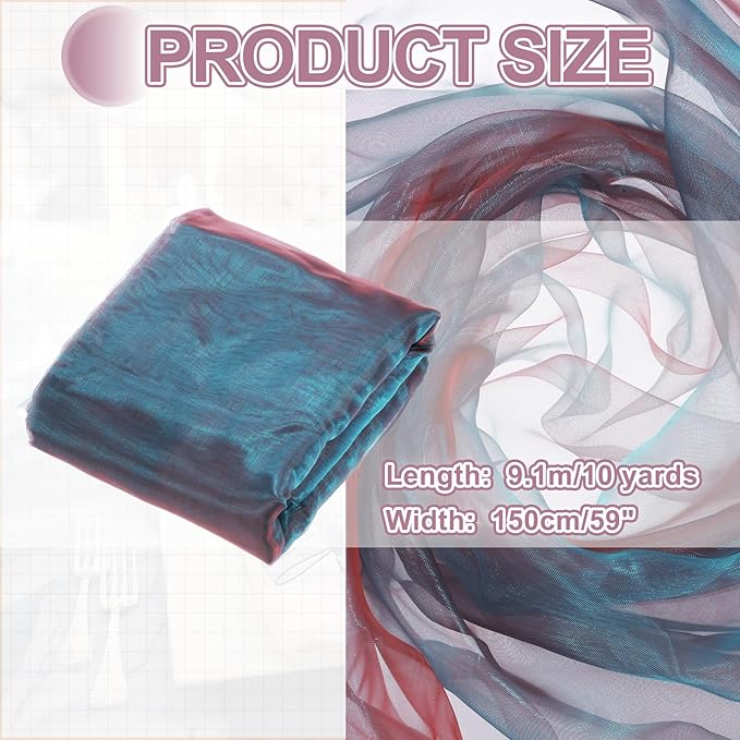 MECCANIXITY Iridescent Sheer Organza Fabric, 10 Yards x 59 Inches Solid Holographic Shiny Fabric Organza Cloth for Wedding, Curtains, Costume, Photo Background, Gradient Wine Red Blue