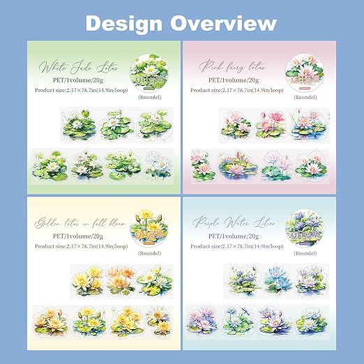 Lotus Pond PET Tape Set, 4 Rolls Pre-Cut Floral Stickers for Scrapbooking, Journaling, DIY Crafts, and Planner Decoration