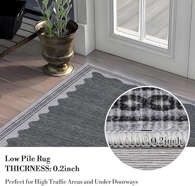 Scalloped Washable Rug 5x7 Area Rugs for Living Room, Solid Grey Rug for Bedroom Girls, Non Slip Scalloped Throw Mat with Rubber Back, Soft Dorm Nursery Low Pile Carpet for Dining Room