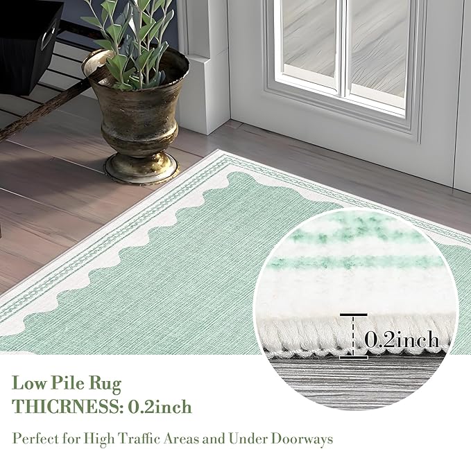 Scalloped Rug 2.5x8 Runners for Hallways, Solid Green Runner Rugs Non Slip Scalloped Bath Runner, Washable Mat for Bedroom Girls, Rugs for Kitchen Floor Soft Dorm Nursery Carpet for Bedside