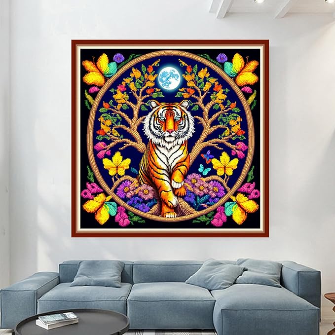 Dimensean Stamped Cross Stitch Kits Full Range of Embroidery Patterns Starter Kits for Beginners Adult or Kids DIY Cross Stitches Needlepoint Kits 11CT-Tiger Wreath 17.7x17.7 inch