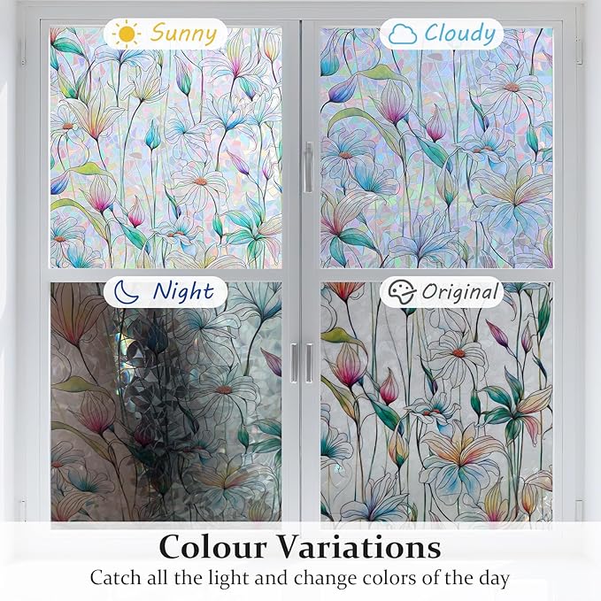 Donox Decorative Window Privacy Film, 3D Floral Stained Glass Window Film Static Cling Rainbow Privacy Sticker for Glass Door Heat Control Anti UV, No Adhesive (Magnolia,23.6 x 157.4 inches)