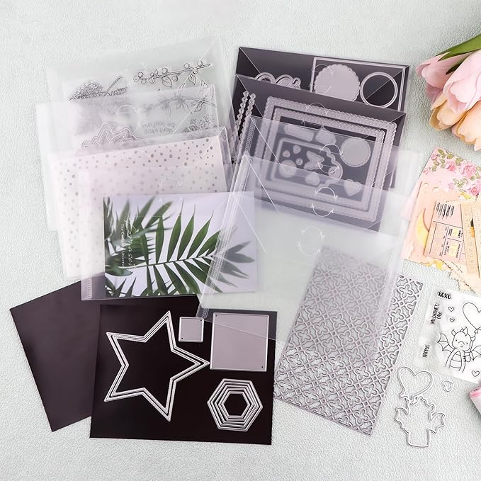 BAOFALI 100 Pcs/Set 5 Sizes Clear Stamp and Die Storage Pockets, Stamp Storage Bags, Plastic Envelopes, Scrapbooking Storage Die Cuts for Stencil Storage Card Making Cutting Dies