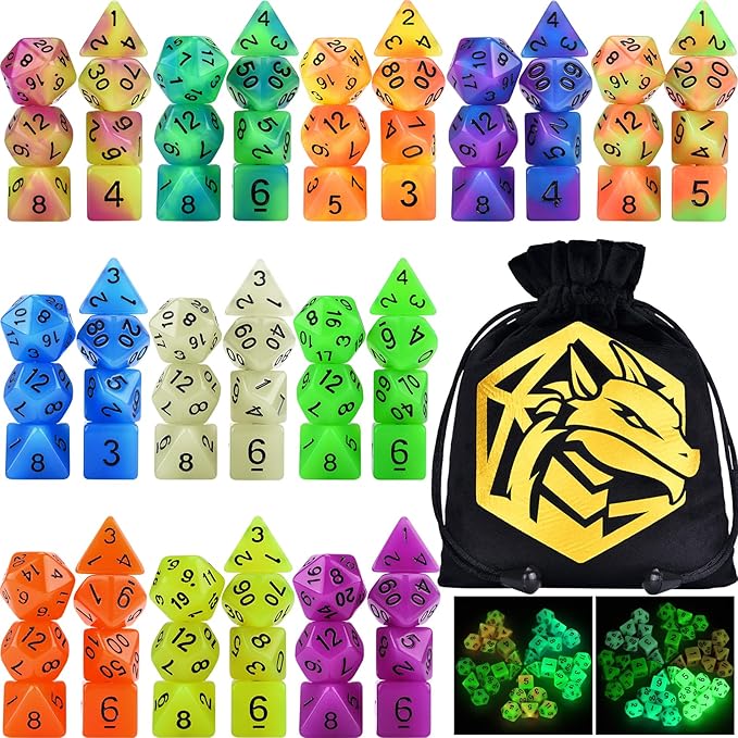 Glow in The Dark DND Dice Set 11 x 7 Polyhedral Dice (77pcs) for Dungeons and Dragons Tabletop Role-Playing Games, with a Drawstring Bag