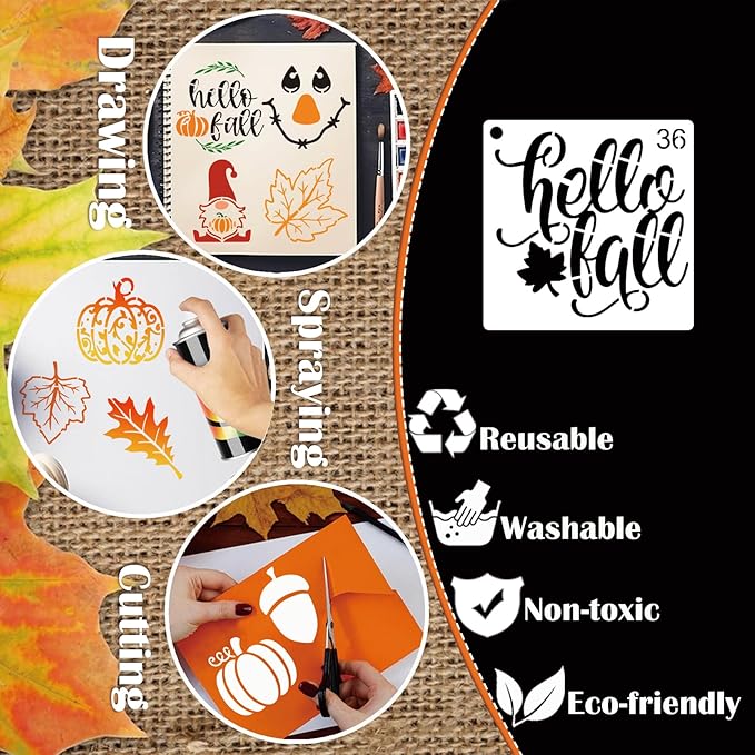 Small Stencils for Painting on Wood Reusable, 3 Inch Reusable Stencil for Craft Ornament Paint Template Stencils for Wall Card Rock Wood Signs Coasters Canvas Home Decor (Fall)