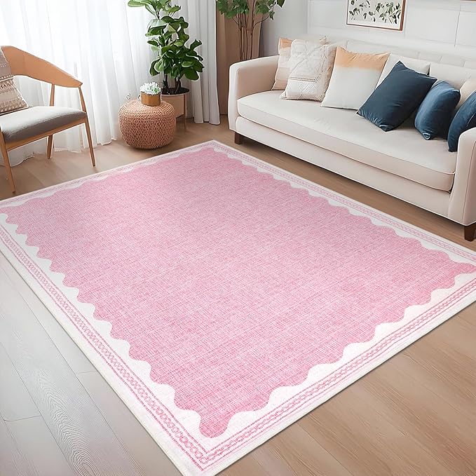 Scalloped Rug 4x6 Rugs for Entryway, Small Area Rugs Solid Pink Rug for Bedroom Girls, 4x6 Washable Rugs for Living Room, Non Slip Scalloped Bath Mat, Soft Dorm Nursery Carpet for Bedside