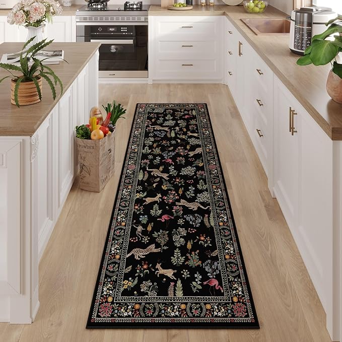 Rugcomf Runner Rug for Kitchen Rug Non Slip 2'x6' Washable Rugs with Rubber Backing Soft Floral Animal Carpet Runner for Kitchen, Laundry, Bedroom, Bathroom (Black)