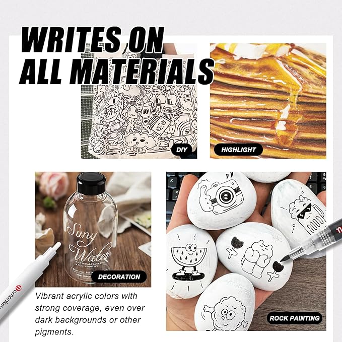 White, Silver & Gold Paint Marker Pens 6 Pack 0.7mm Extra Fine Tip, Permanent Acrylic Ink for Rock, Wood, Metal, Glass, Ceramic, Plastic, Canvas, Pens for DIY Crafts, Art & Fine Detailing