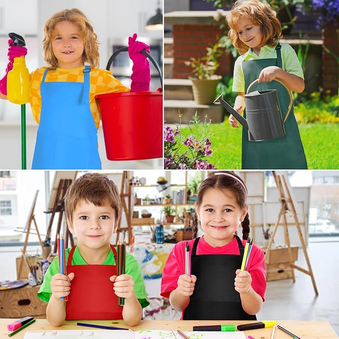PLULON 18 Pcs Kids Apron Set Adjustable Children Art Aprons Bulk with 2 Pockets Artist Apron for Baking Painting Cooking Activity, Multicolor