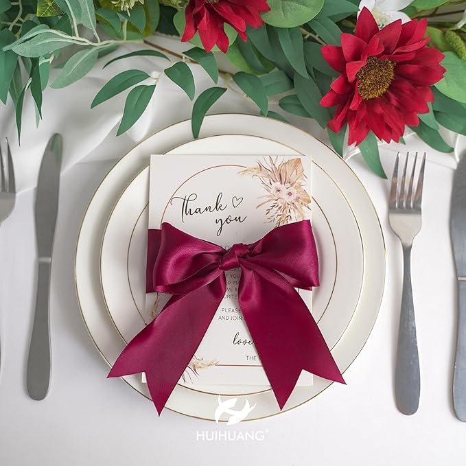HUIHUANG Wine Red Ribbon 2 inch Wide Double Face Satin Ribbon Maroon Fabric Ribbon for Flower Bouquet Wrap, Wedding Bridal Shower Holiday Decor, Bows Making Crafts, Gift Wrapping-25 Yards/Roll