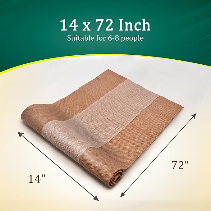 Burlap Table Runners (Pack of 1) – 14”x 72” - No-Fray Finished Edge Burlap Runner – No Odor Farmhouse Style White Stripe on Natural Table Runner - Perfect for Christmas, Wedding, Thanksgiving