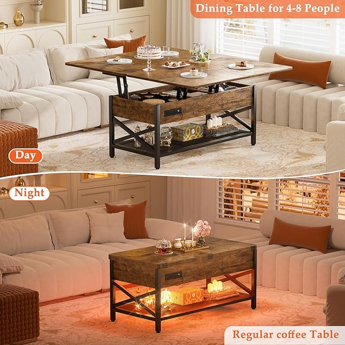 Aheaplus Coffee Table Lift Top with LED Light and Power Outlet, Multi-Function Coffee Table Converts to Dining Table, Center Table with Shelves for Living Room Reception Home Office, Rustic Brown