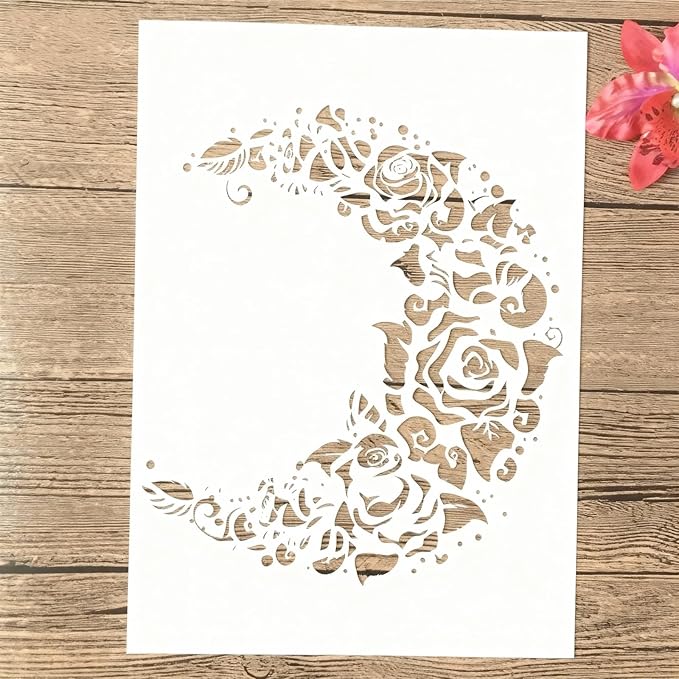 TIAMECH A4 Reusable Moon Flower Stencil for Painting - Rose Crescent Layering Template, DIY Wall Art, Wood Furniture, Scrapbook & Crafts (8.3x11.7inch)