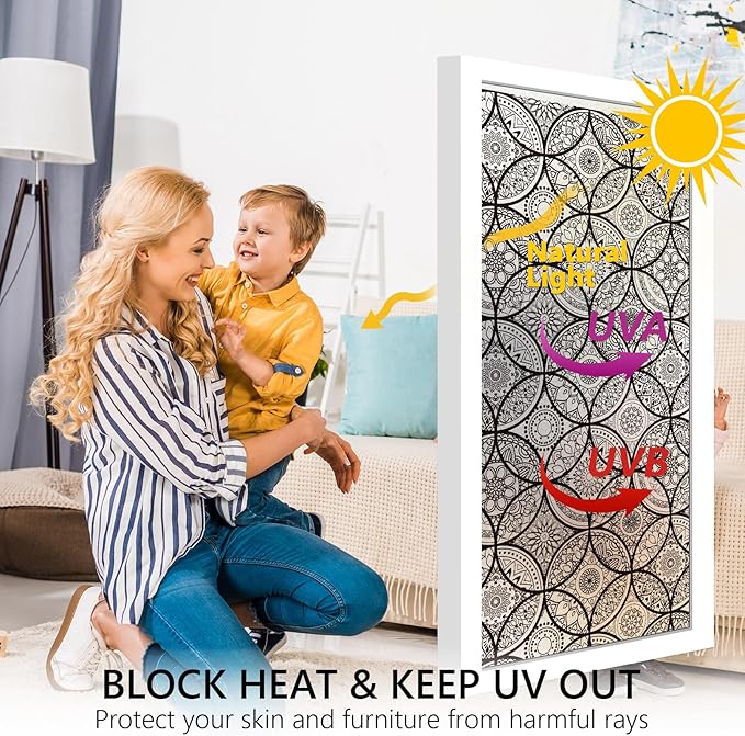 DKTIE Boho Stained Glass Look Window Privacy Film with Installation Tools, Decorative Frosted Glass Window Film Static Cling No Glue Removable, Pure Black, 17.7" x 78.7"