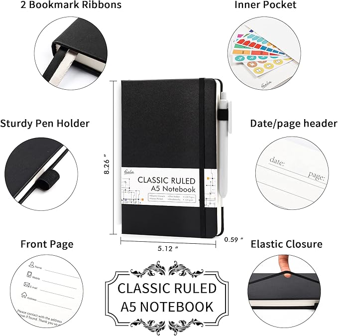 feela 24 Pack Journal Notebook for Work, Business Notebook Bulk Hardcover Lined Writing Journal with Pen Holder for Men Women Note Taking, with 24 Black Pens, 120 GSM, 5.1”x8.3”, A5, Black