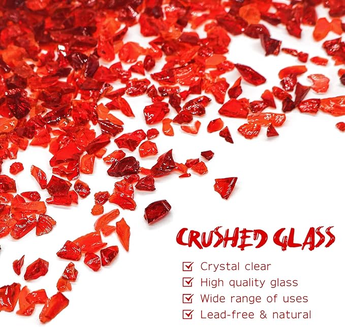 Crushed Glass for Resin Art - 3-6mm Red, 1.5lb | Broken Glass Pieces for Crafts, Vase Filler & Fire Pit Media | Decorative Stones (90% Red/10% Orange)