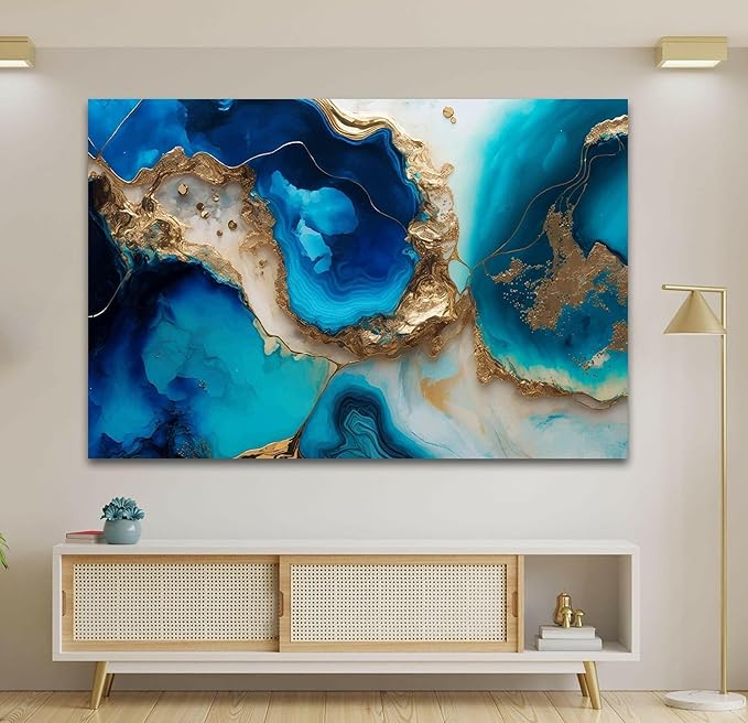 My Photostation.com 48Wx32H'' Blue Alcohol ink Glass Wall ArtTempered Glass Printing Wall Decor Large Wall Art Wall Hangings