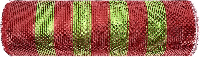 MEEDEE Red and Lime Deco Mesh 10 Inch Deluxe Foil Metallic Striped Deco Mesh Wreath Supplies Red and Green Christmas Mesh Ribbon for Christmas Tree, Garland, Gift Wrapping, Bows Making (30 Feet)