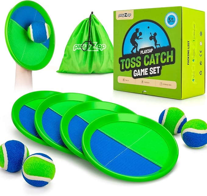 PlayZap Toss and Catch Ball Set Upgraded - Kids Baseball Toys Sturdy PVC for Family Games - Water-Resistant Great for Beach Pool Yard Outdoor - Gift for 3 4 5 6 7 8 9 10 11 12+ Years Old Boys Girls