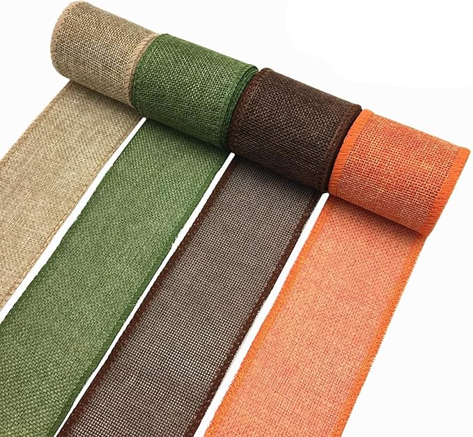 Burlap Ribbon Rolls, Wrapping Burlap Ribbon Natural Orange Brown Olive Green Jute, for Christmas Crafts Decoration Wedding Floral Bows Trims Craft 13.2 Yards 2.4 Inch