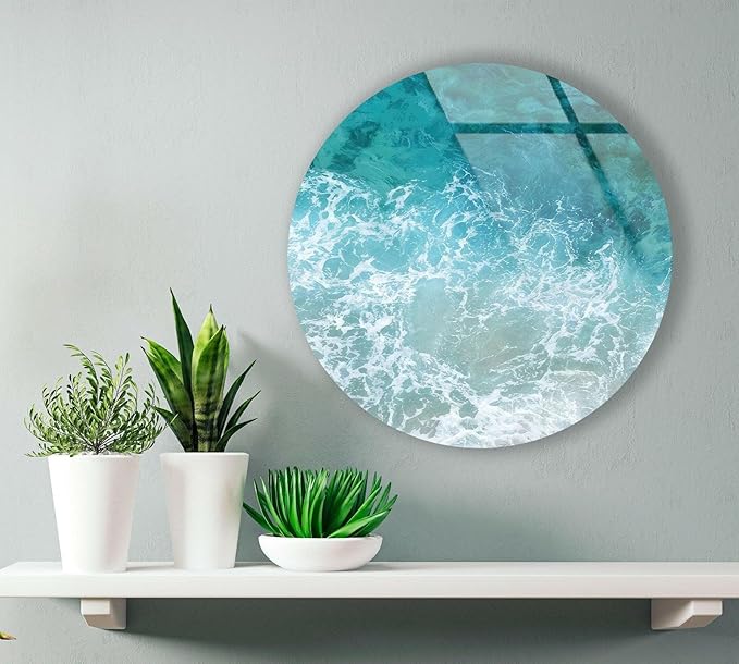 My Photostation.com 15.8''(40cm) Diameter Sea Waves Round Glass Wall Art Tempered Glass Printing Wall Decor Large Wall Art Wall Hangings
