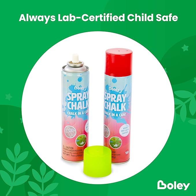 Boley Spray Chalk - 8 Pack Washable Sidewalk Chalk Spray Paint, 7 oz Each, Safe & Non-Toxic, Vibrant Colors for Outdoor Fun, Chalk for Asphalt, Grass, Snow, Sand, Concrete - Ages 14+