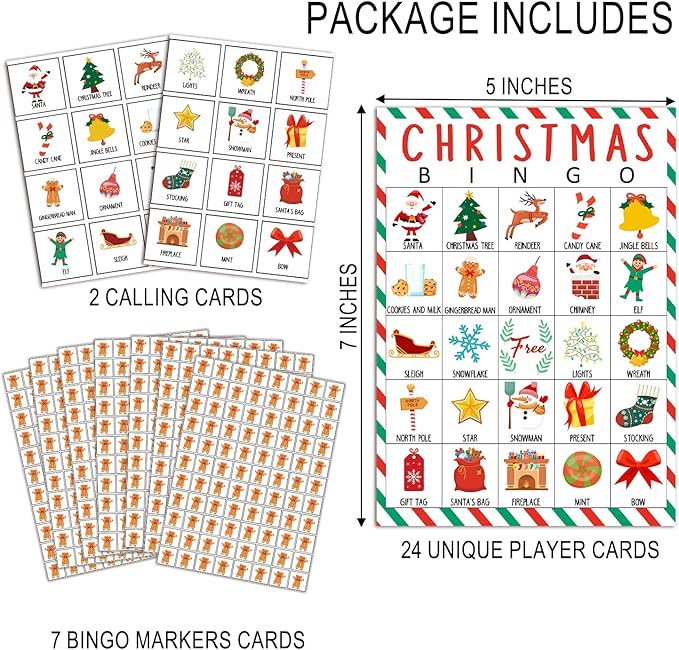 Christmas Bingo Cards, 24 Players Xmas Bingo Cards for Adults Large Group, Fun & Exciting Xmas Games for Family Activities, Classroom Party, Holiday Entertainment, Christmas Party Favors -09