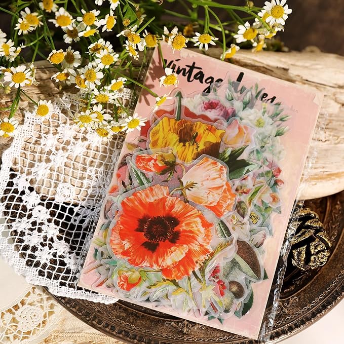 Vintage Vellum Stickers Floral Plants Elements Scrapbooking Supplies Flowers Botanic Natural Translucent Paper Self-Adhesive Junk-Journal Items (Floral)