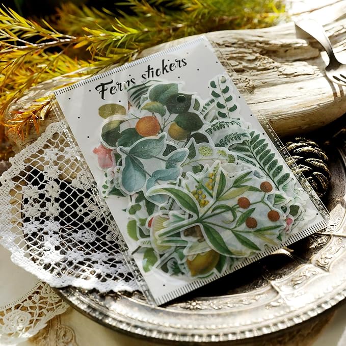 Vintage Vellum Stickers Floral Plants Elements Scrapbooking Supplies Flowers Botanic Natural Translucent Paper Self-Adhesive Junk-Journal Items (Fern)