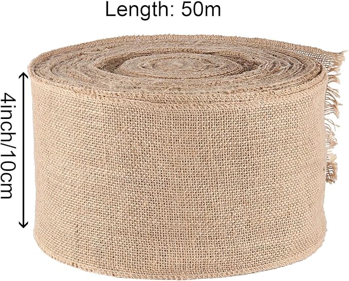 KINJOEK 4 Inch Wide 54 Yards Burlap Ribbon, Natural Jute Fabric Ribbon Crafts Ribbon for Christmas Wedding Gifts Burlap Fabric DIY for Decoration
