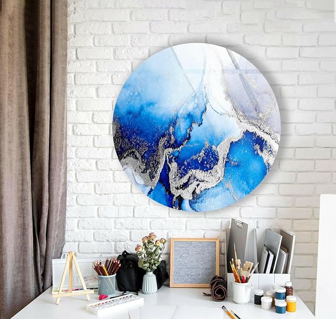 My Photostation.com 24''(60cm) Diameter Blue Marble Round with Silver Details Glass Wall Art Tempered Glass Printing Wall Decor Large Wall Art Wall Hangings