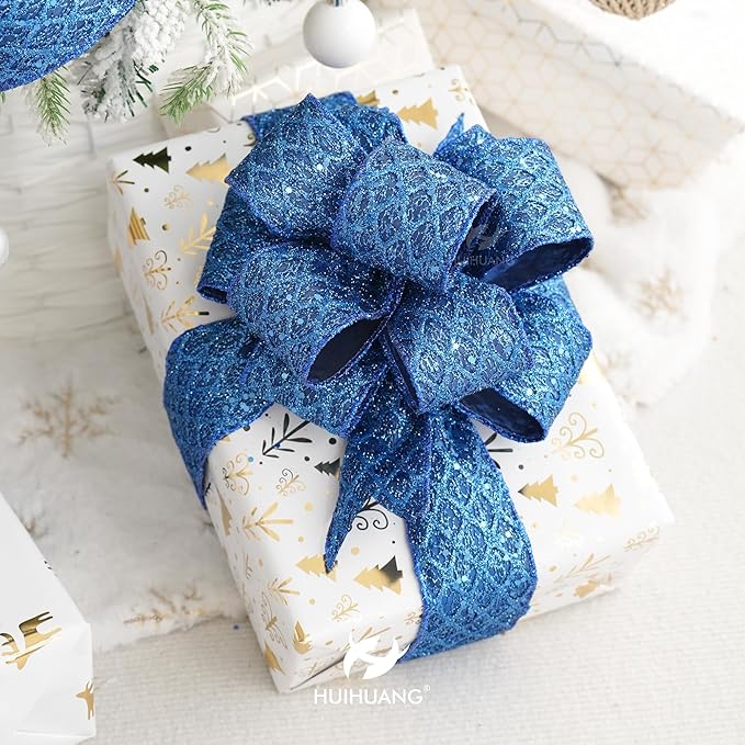 HUIHUANG Navy Blue Wired Christmas Ribbon 4 inch Navy Glitter Wired Ribbon Diamond Mesh Wire Ribbon for X-mas Tree Decorations, Wreaths, Garland, Large Bows Making, Home Decor -10 Yards